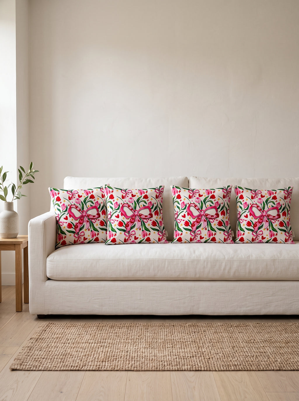 Fiora Bow & Floral set of 4 cushion covers – four cushions on a sofa