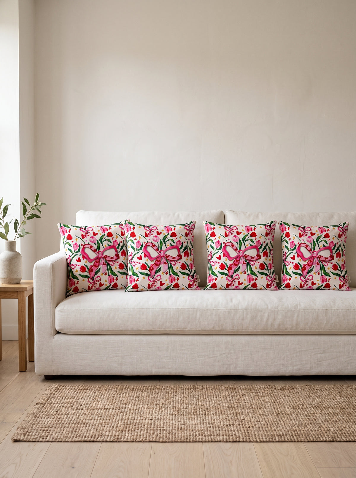 Fiora Bow & Floral — Set of 4 Cushion Covers 40x40 cm, Double-Sided