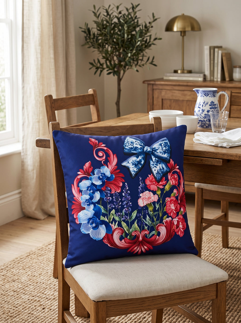 LaMua Bow & Floral set of 2 cushion covers – in a living room