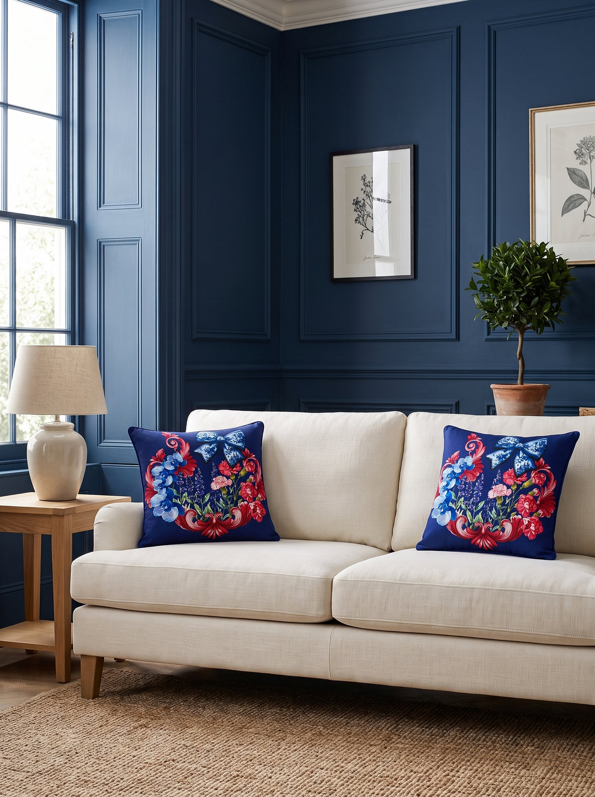 LaMua Bow & Floral set of 2 cushion covers – two cushions on a sofa