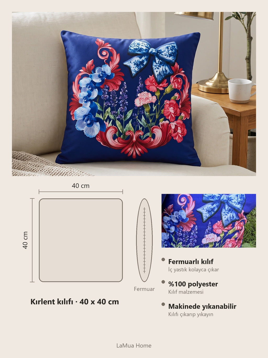 LaMua Schleife & Blüten 4er-Set Kissenbezüge – Maßkarte 40x40 cm