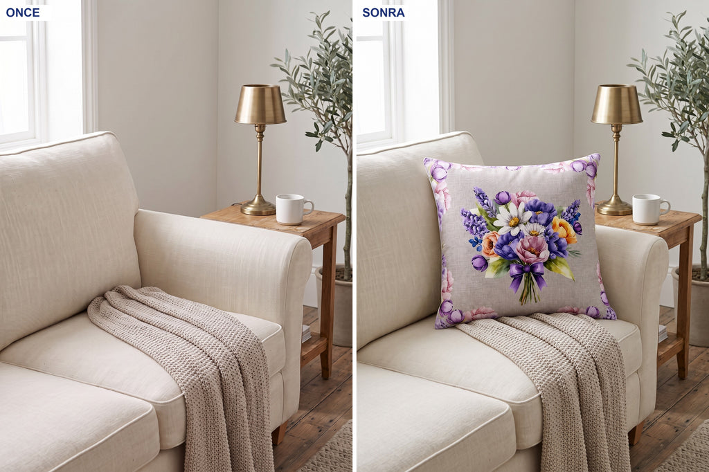 Lavender Çiçek Buketi — 2’li Kırlent Kılıfı Seti 40x40 cm, Fermuarlı — kullanım görseli