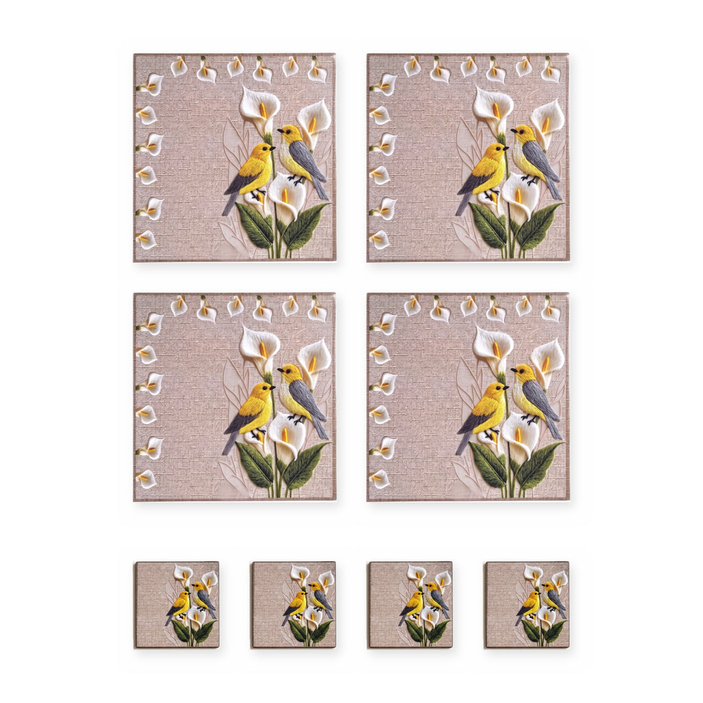 Lily Vogel & Blüten Set aus 4 Platzsets + Untersetzern – Set-Inhalt