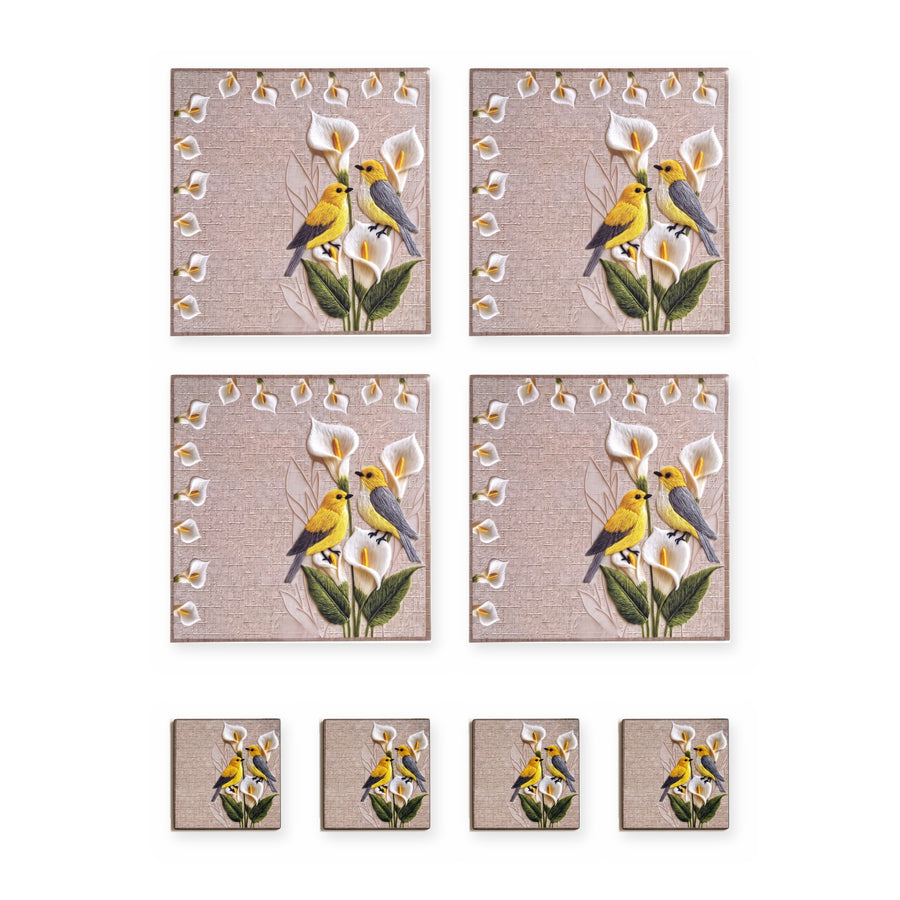 Lily Vogel & Blüten — Set aus 4 Platzsets + Untersetzern, abwischbar