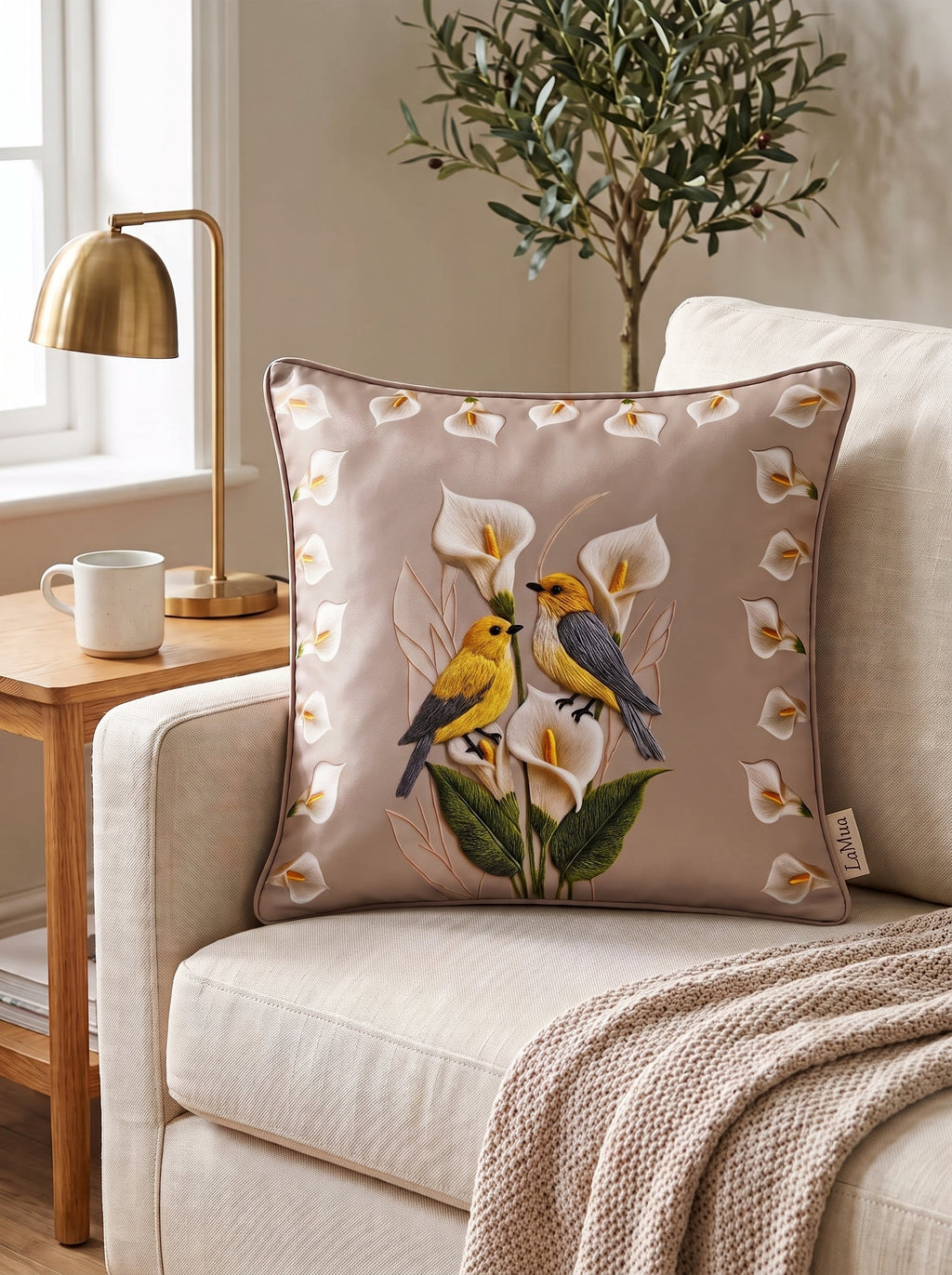 Lily Bird & Floral set of 4 cushion covers – close-up on a sofa