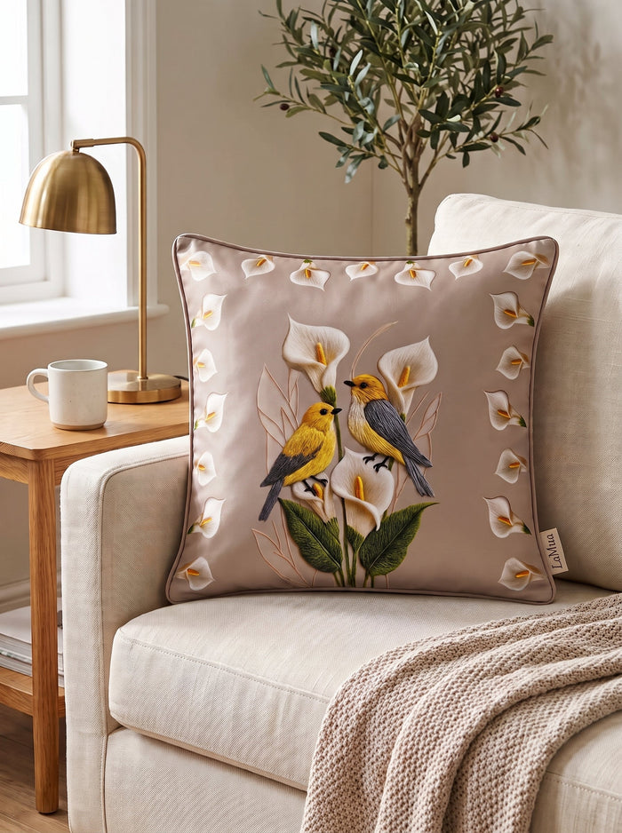 Lily Bird & Floral — Set of 4 Cushion Covers 40x40 cm, Zippered, Stain-Resistant
