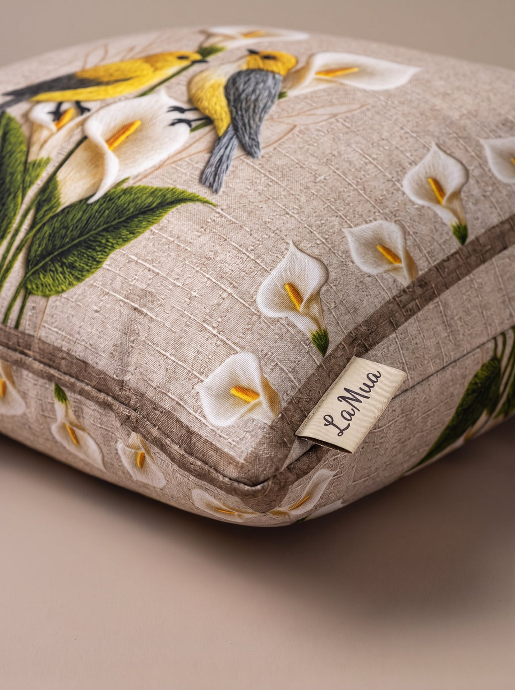 Lily Bird & Floral set of 4 cushion covers – edge and seam close-up