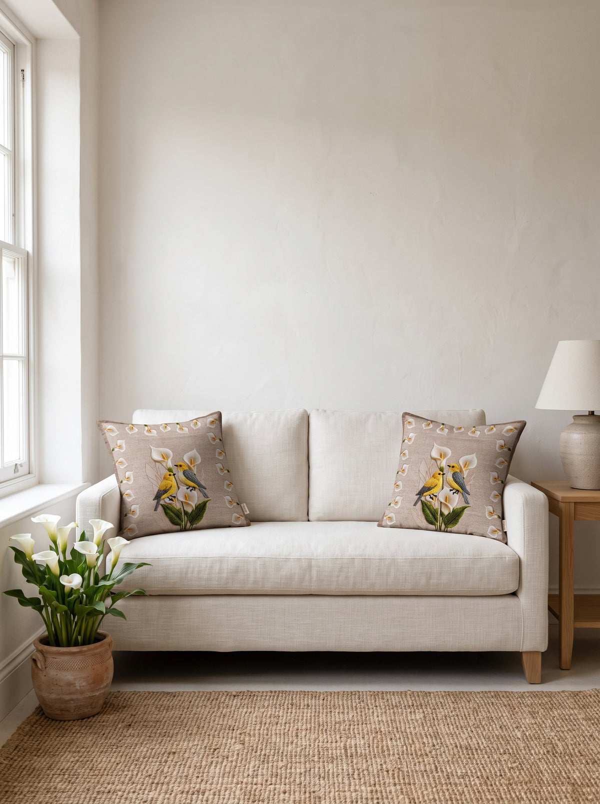 Lily Bird & Floral set of 2 cushion covers – two cushions on a sofa