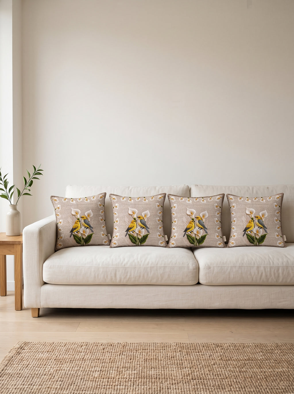 Lily Bird & Floral set of 4 cushion covers – four cushions on a sofa