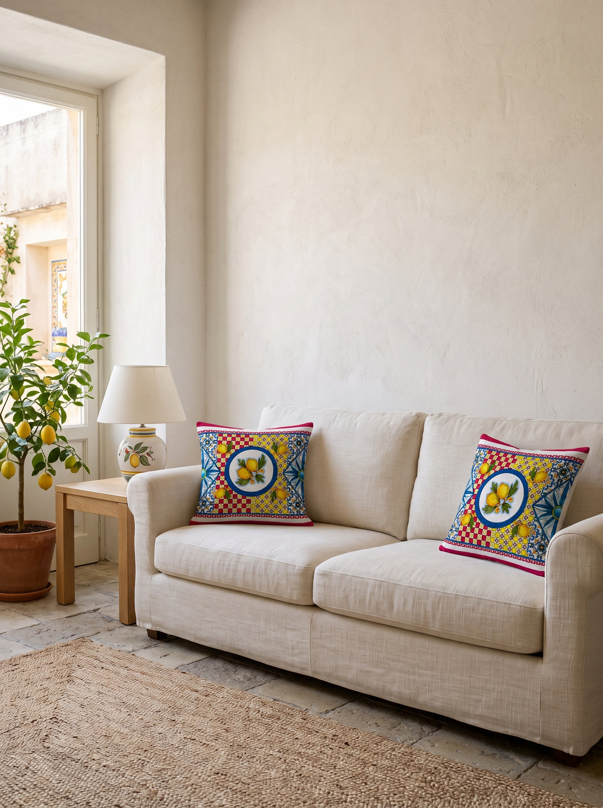Limoncello Lemon set of 2 cushion covers – two cushions on a sofa