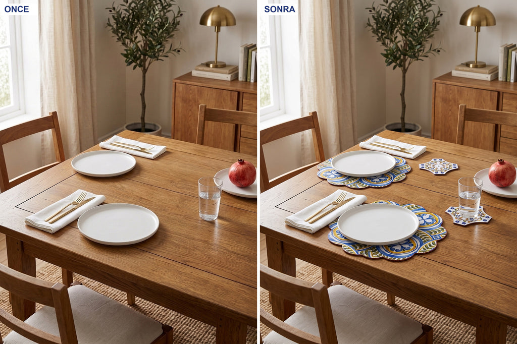 Marakes Etnik — 4’lü Supla + Bardak Altlığı Seti, Silinebilir — kullanım görseli