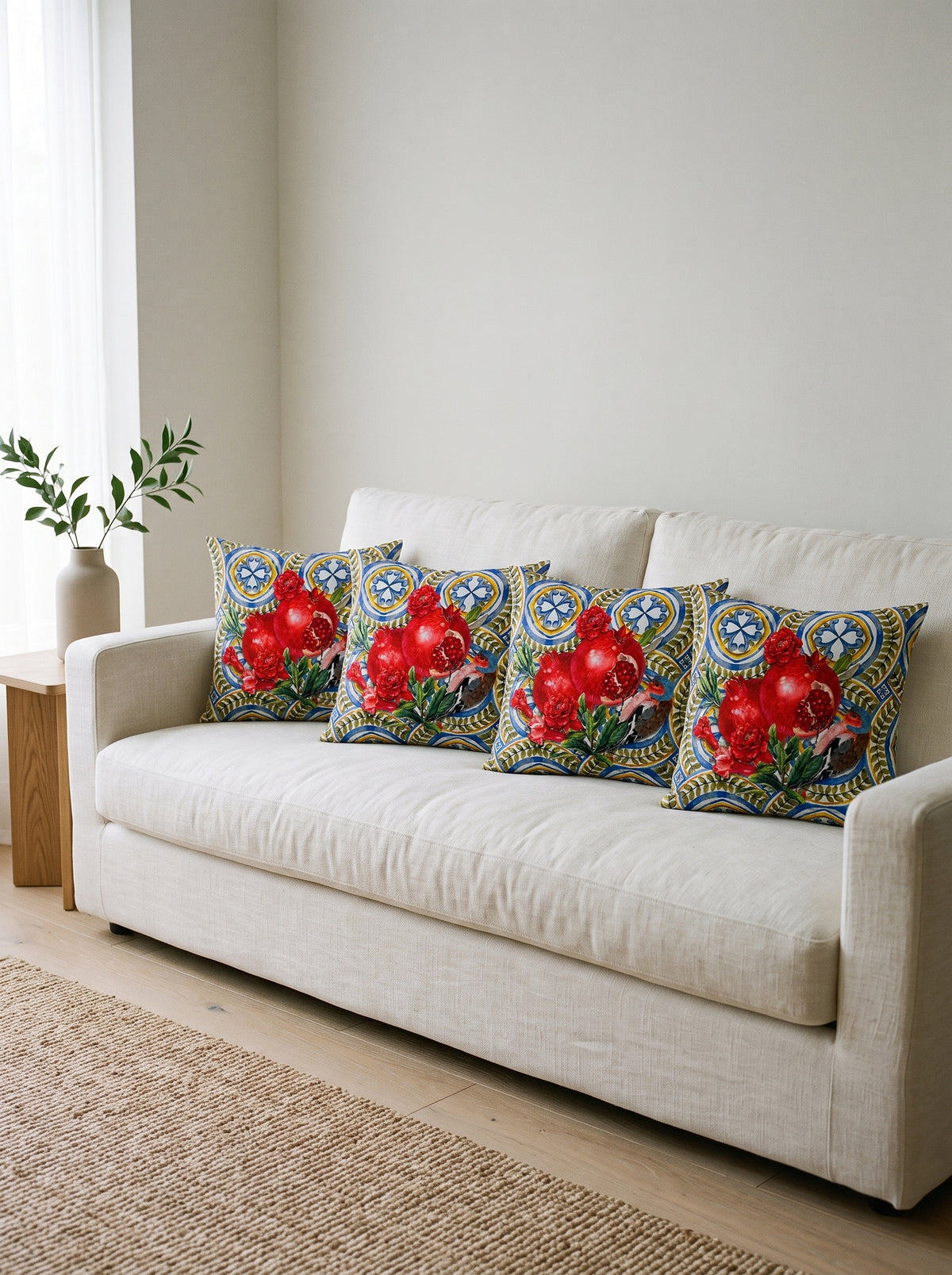 Marakes Pomegranate — Set of 4 Cushion Covers 40x40 cm, Zippered, Stain-Resistant