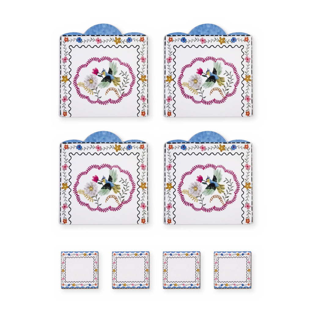 Mila Vogel & Blüten Set aus 4 Platzsets + Untersetzern – Set-Inhalt