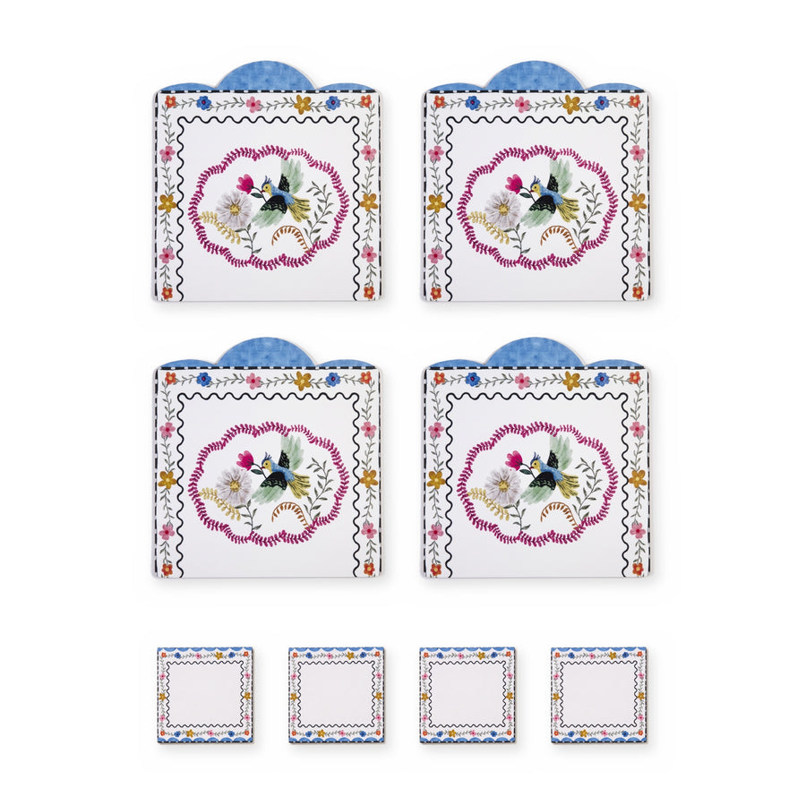 Mila Vogel & Blüten — Set aus 4 Platzsets + Untersetzern, abwischbar