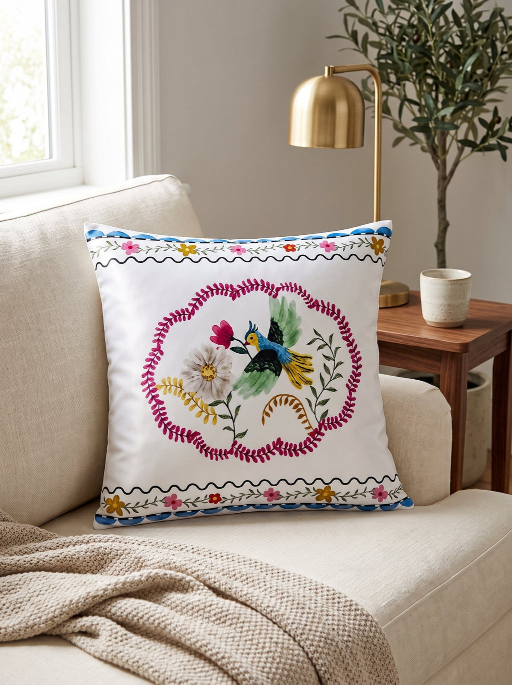Mila Bird & Floral set of 4 cushion covers – close-up on a sofa