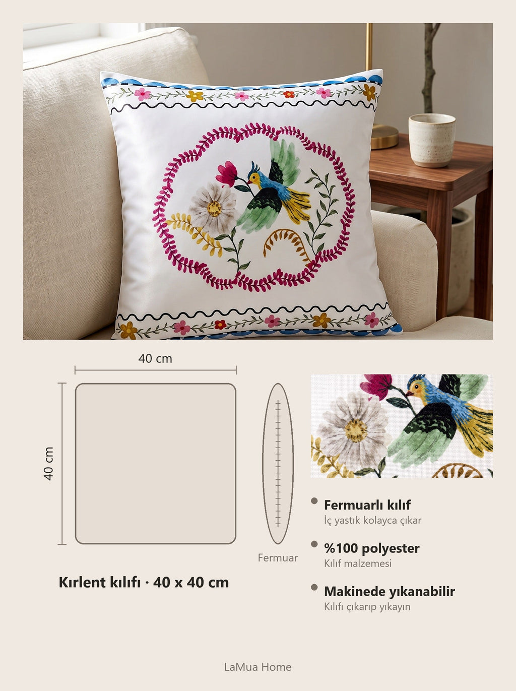Mila Bird & Floral set of 4 cushion covers – size card 40x40 cm