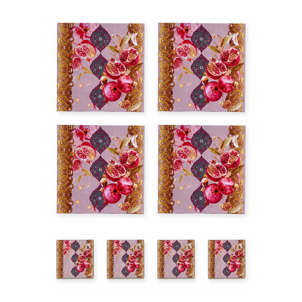 Mona Granatapfel & Goldbordüre Set aus 4 Platzsets + Untersetzern – Set-Inhalt