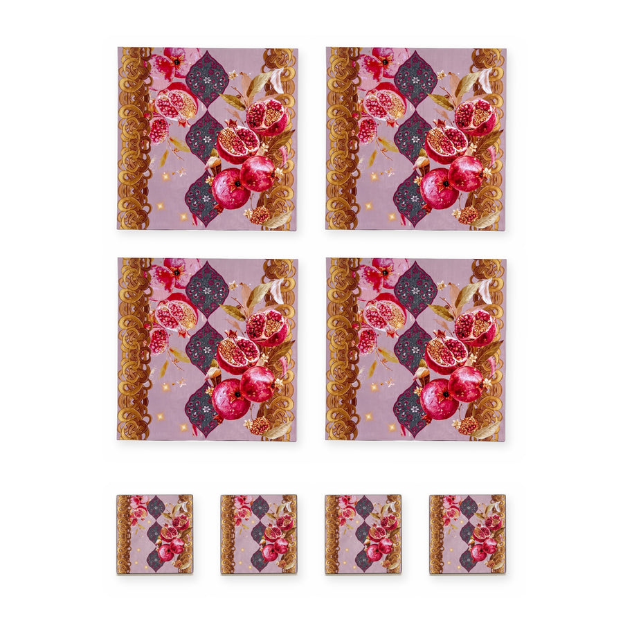 Mona Granatapfel & Goldbordüre — Set aus 4 Platzsets + Untersetzern