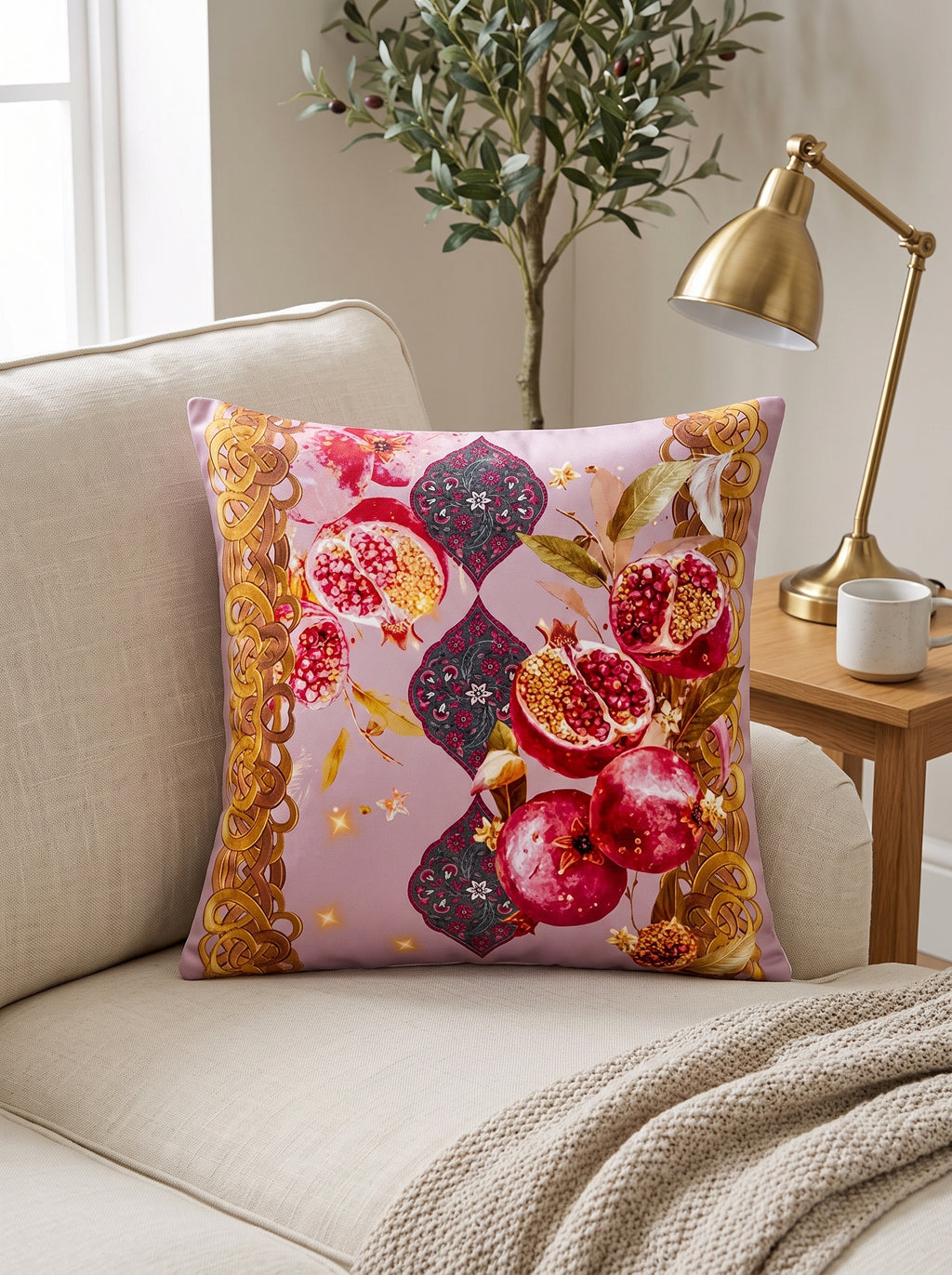 Mona Pomegranate & Gold Border set of 2 cushion covers – close-up on a sofa