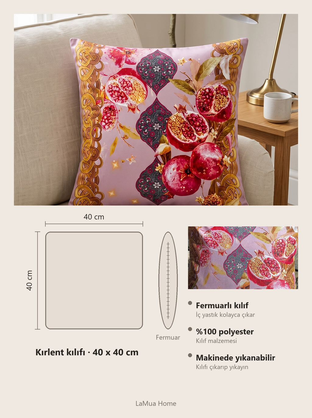 Mona Pomegranate & Gold Border set of 2 cushion covers – size card 40x40 cm