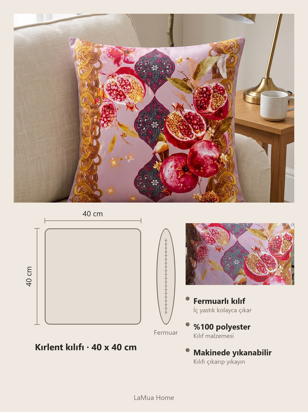 Mona Pomegranate & Gold Border set of 4 cushion covers – size card 40x40 cm