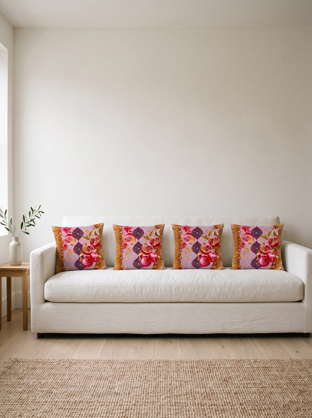 Mona Pomegranate & Gold Border — Set of 4 Cushion Covers 40x40 cm, Zippered
