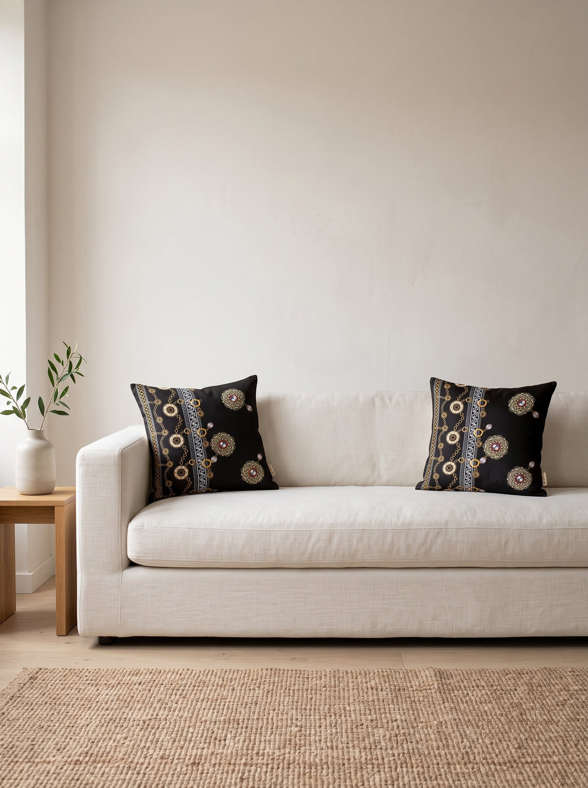 Noir Black & Gold set of 2 cushion covers – two cushions on a sofa