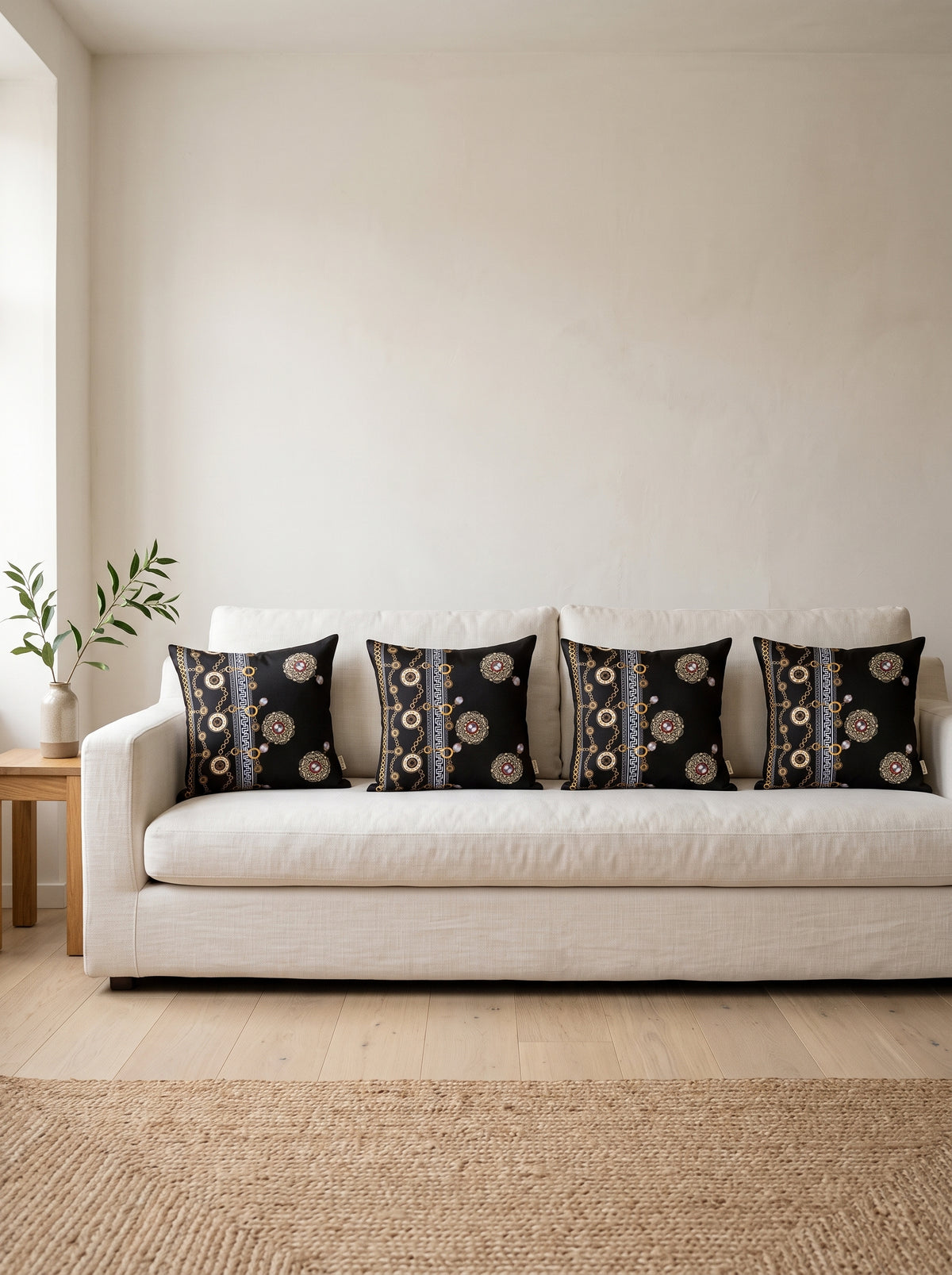 Noir Black & Gold — Set of 4 Cushion Covers 40x40 cm, Zippered, Stain-Resistant
