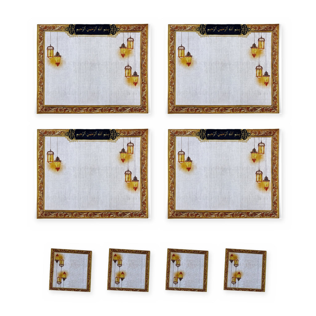 Noor Basmala & Lanterns Set of 4 Placemats + Coasters – set contents