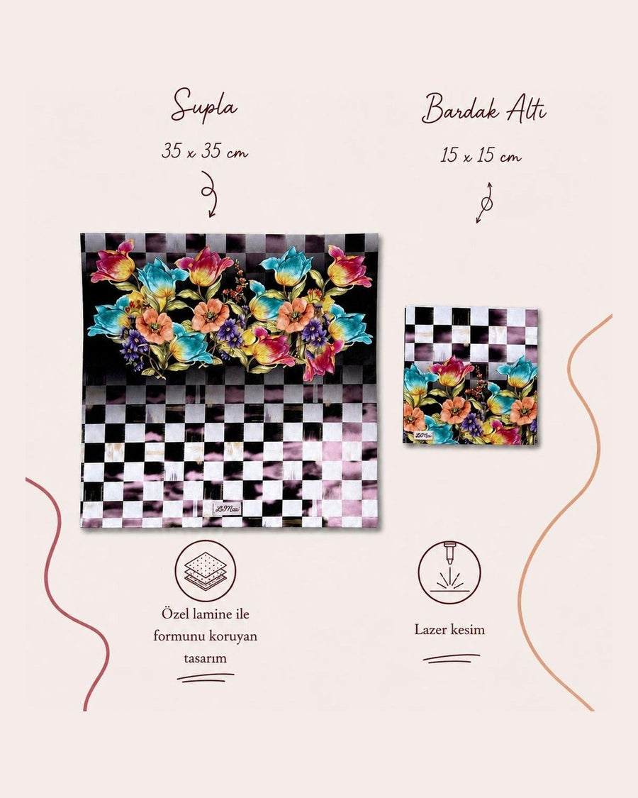 Dama Checkerboard Floral — Set of 2 Placemats + Coasters, Wipe-Clean