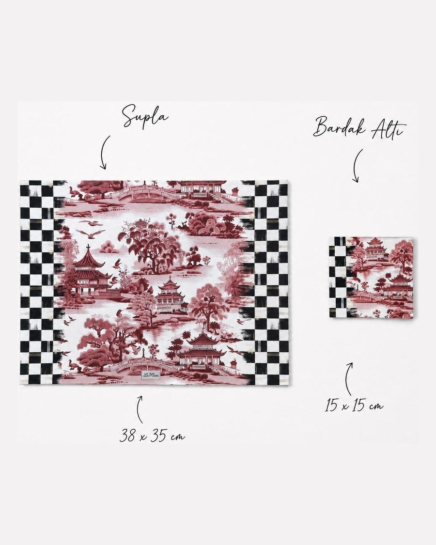 Vita Burgundy Checkerboard & Japanese Garden — Set of 2 Placemats + Coasters