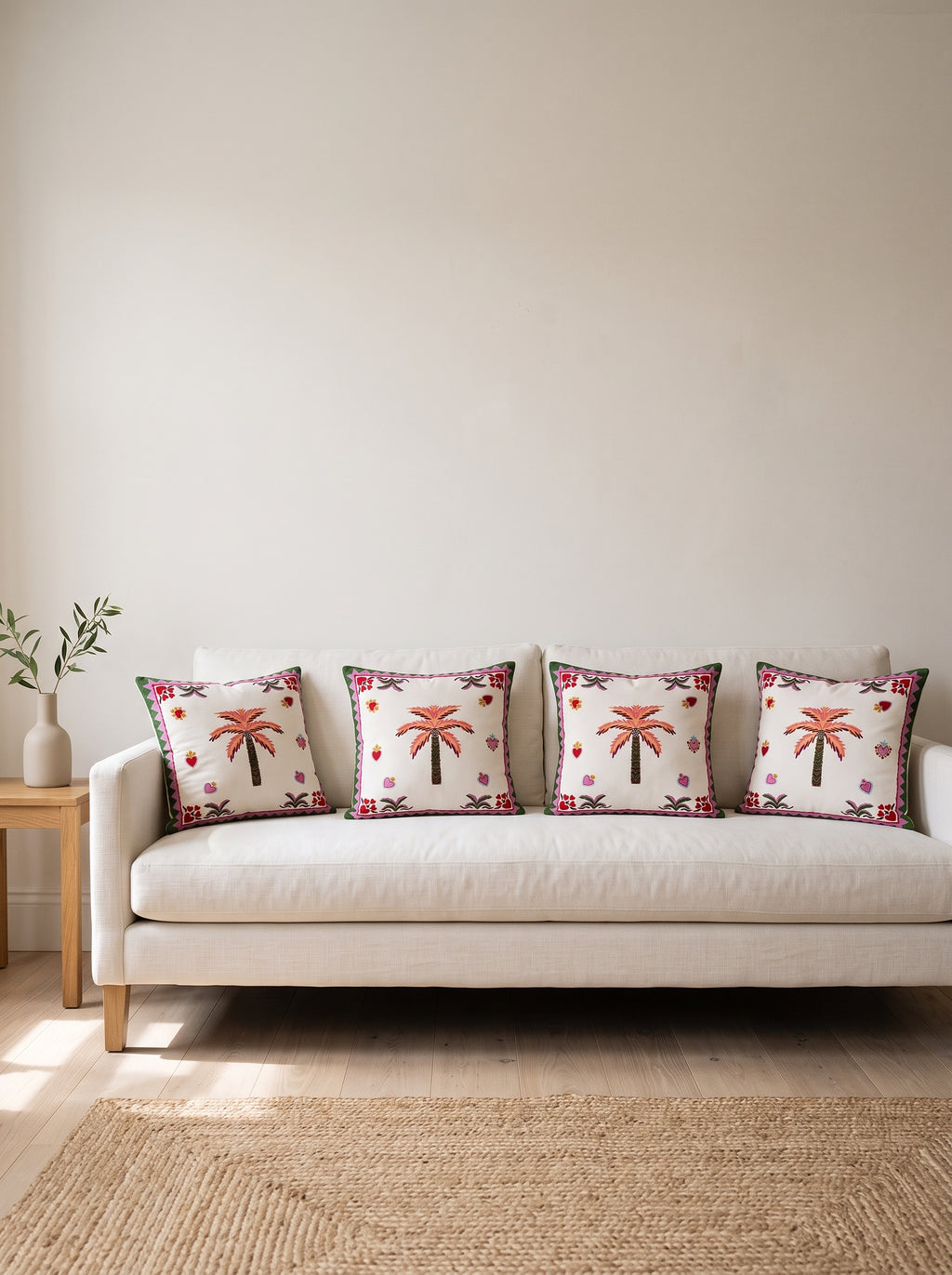 Palm Palm Tree set of 4 cushion covers – four cushions on a sofa