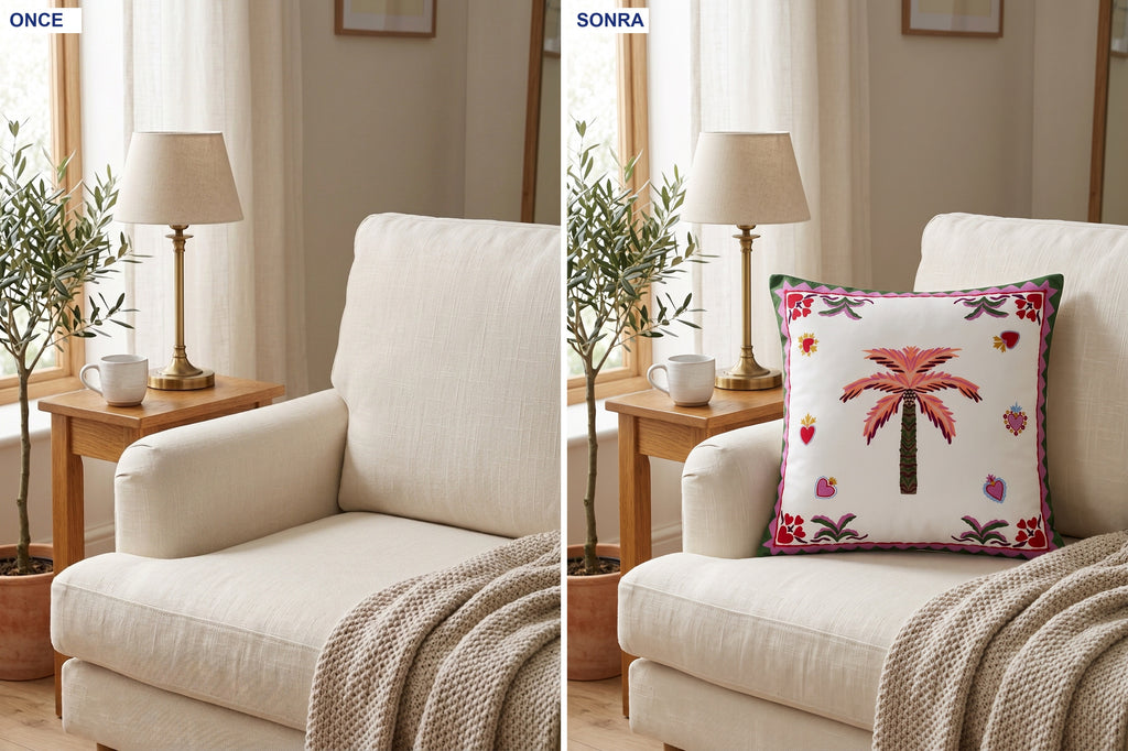 Palm Palmiye — 4’lü Kırlent Kılıfı Seti 40x40 cm, Fermuarlı, Leke Tutmaz — kullanım görseli
