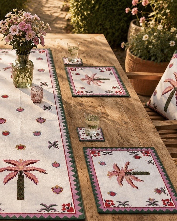 Palm Sunum Seti — Runner + Supla + Bardak Altlığı + Kırlent, Fermuarlı