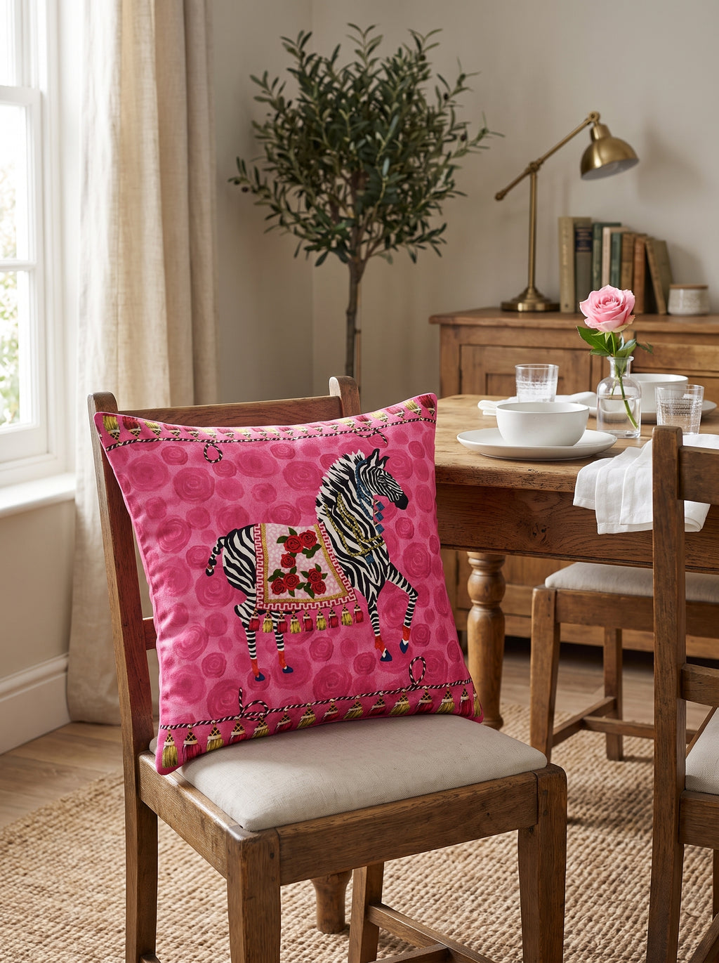 Pink Zebra set of 2 cushion covers – in a living room