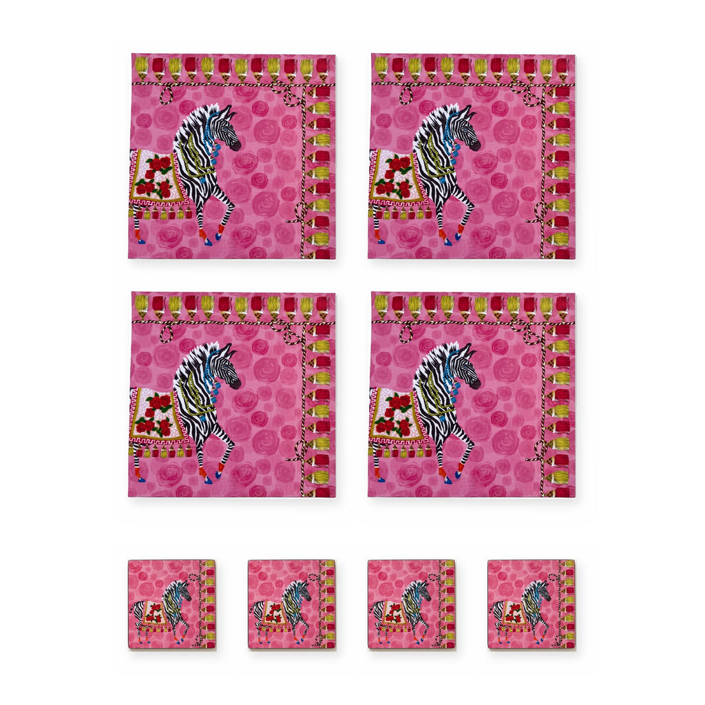 Pink Zebra Set of 4 Placemats + Coasters – set contents