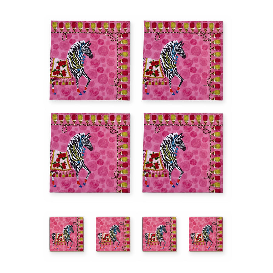 Pink Zebra — Set of 4 Placemats + Coasters, Wipe-Clean