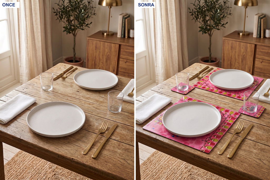 Pink Zebra — 4’lü Supla + Bardak Altlığı Seti, Silinebilir — kullanım görseli