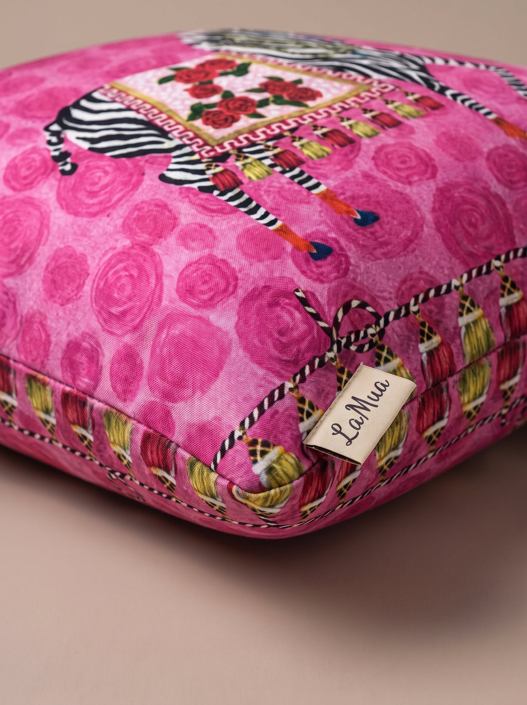 Pink Zebra set of 4 cushion covers – edge and seam close-up