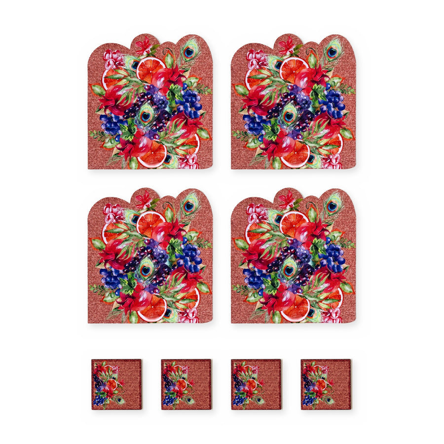 Rio Peacock & Fruit — Set of 4 Placemats + Coasters