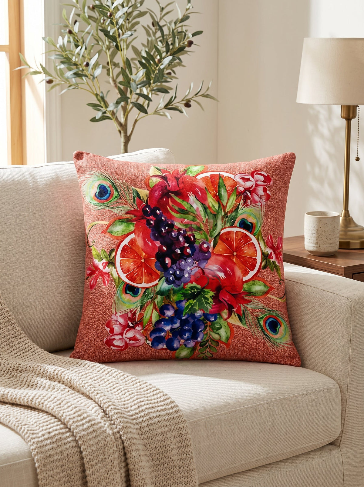 4er-Set Kissenbezüge 40x40 cm – Rio Pfau & Früchte