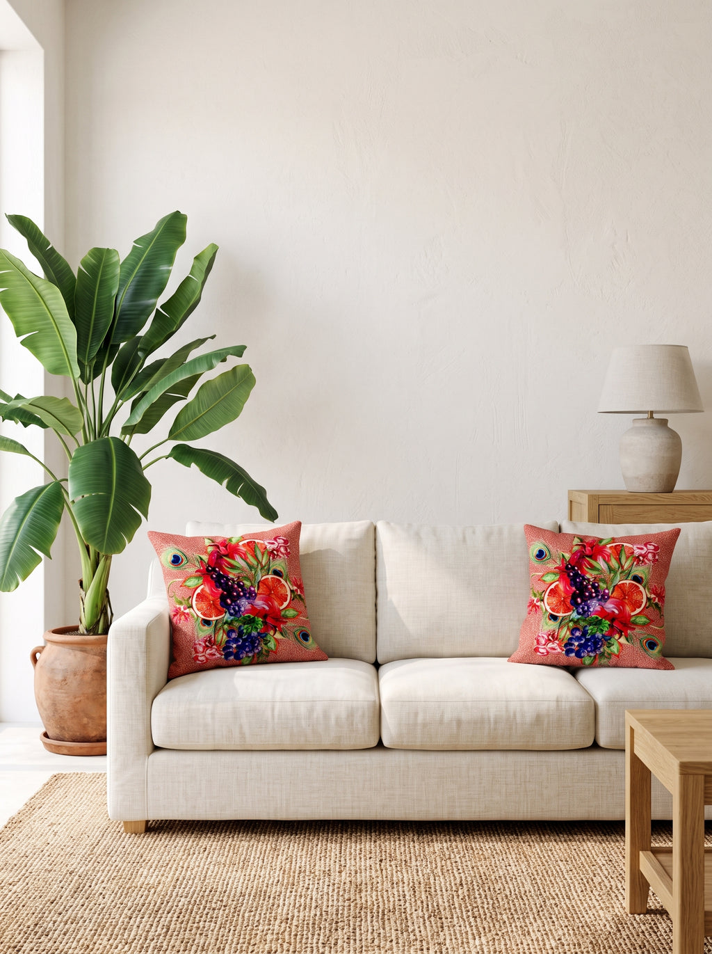 Rio Peacock & Fruit set of 2 cushion covers – two cushions on a sofa