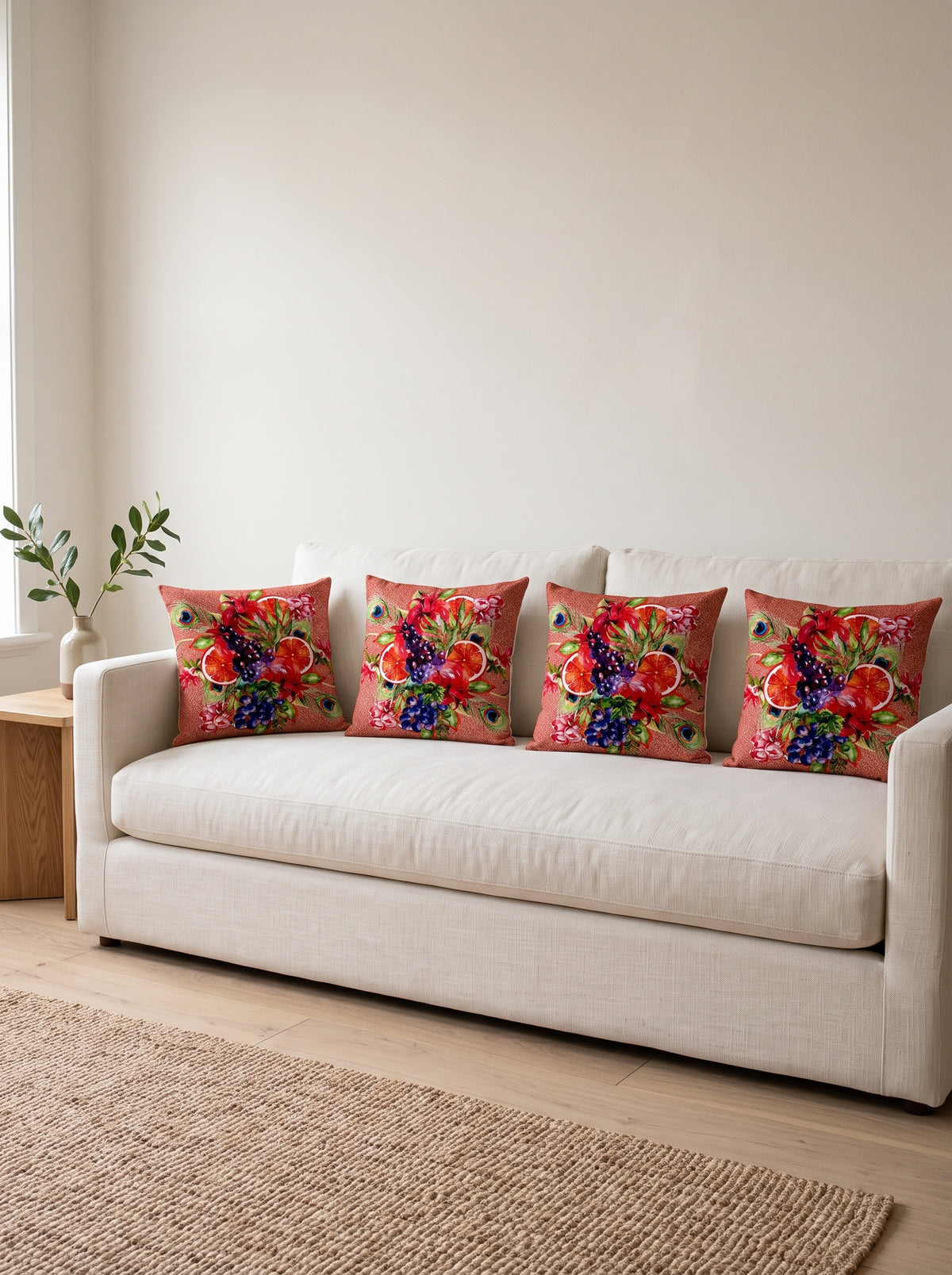 Rio Peacock & Fruit — Set of 4 Cushion Covers 40x40 cm, Zippered