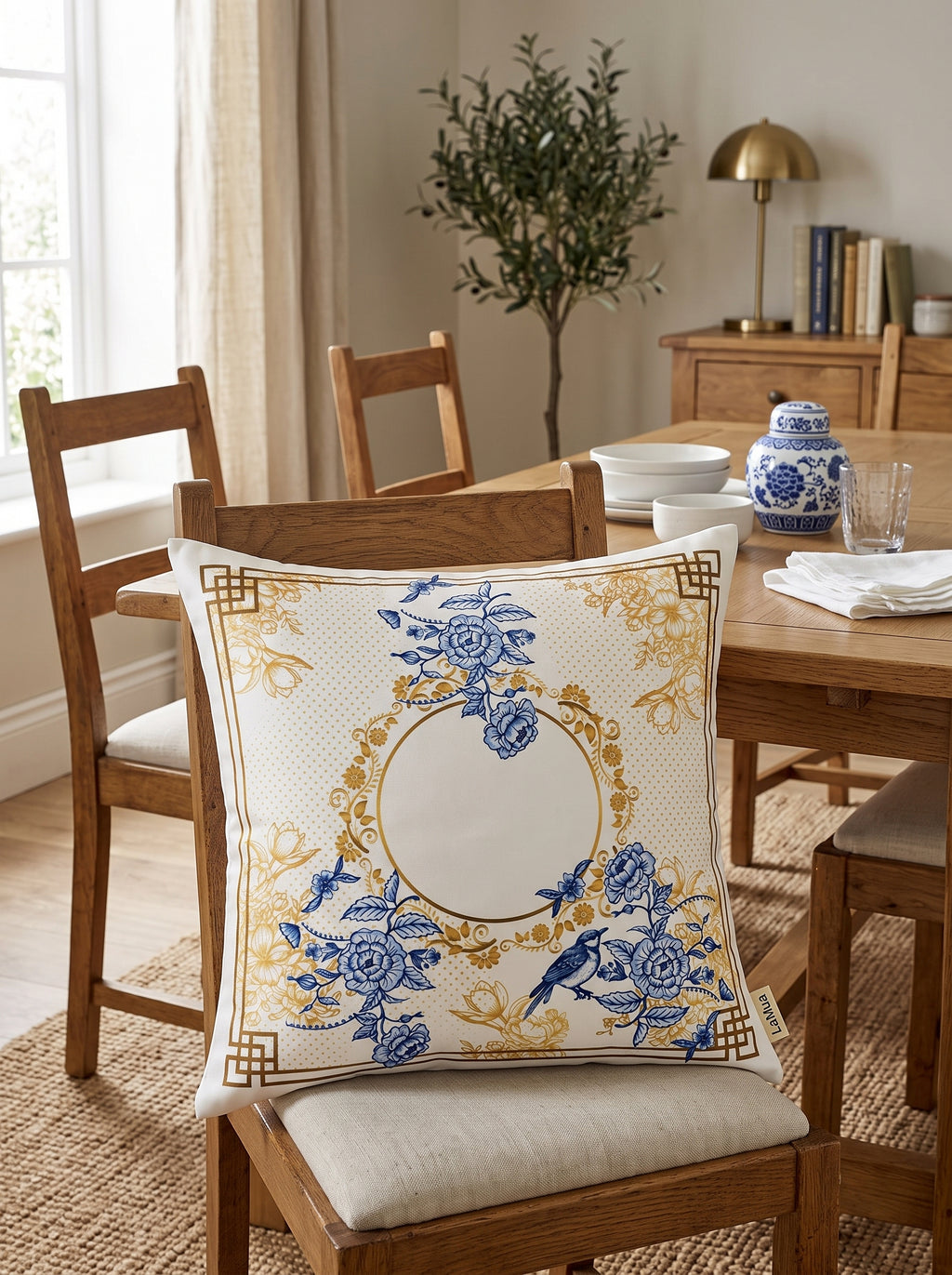 Royal Blaue Blüten & Vögel 2er-Set Kissenbezüge – im Wohnzimmer