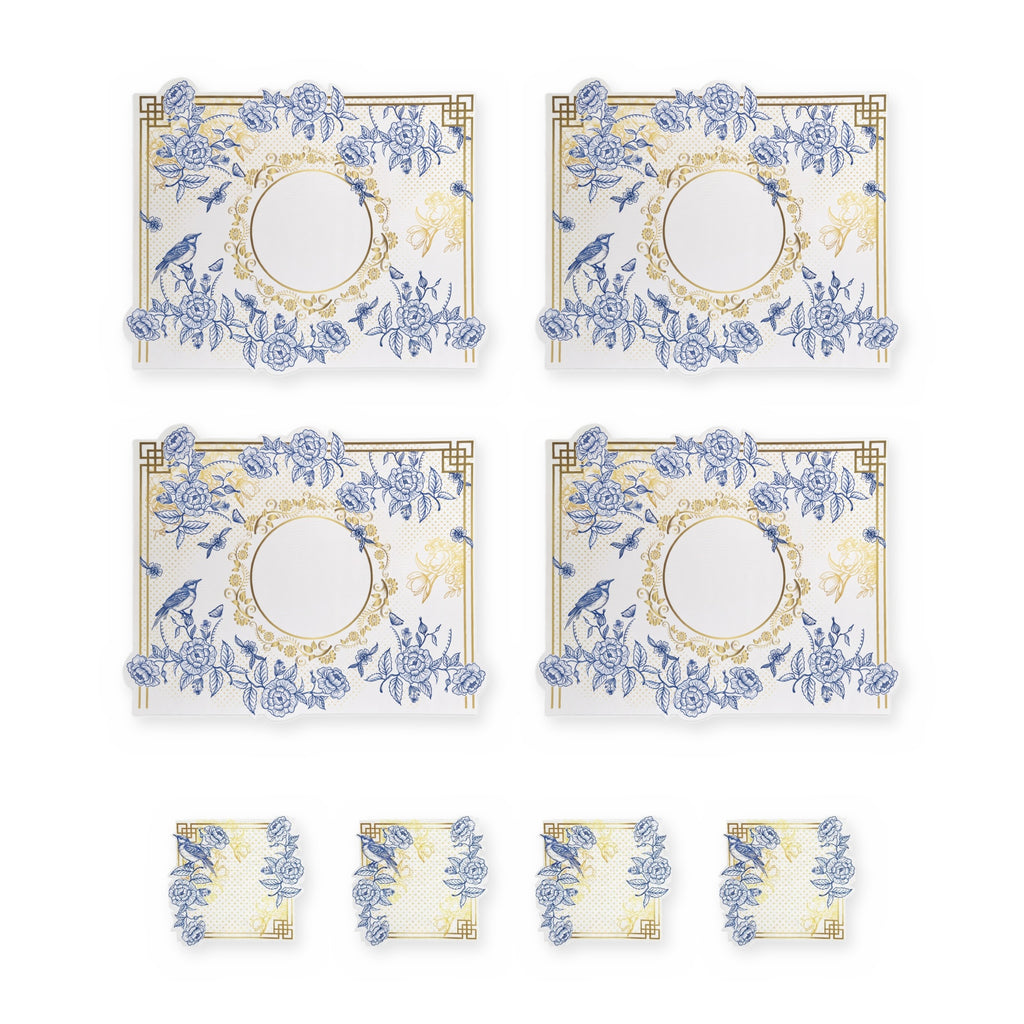 Royal Blaue Blüten & Vögel Set aus 4 Platzsets + Untersetzern – Set-Inhalt