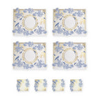 Royal Blaue Blüten & Vögel Set aus 4 Platzsets + Untersetzern – Set-Inhalt