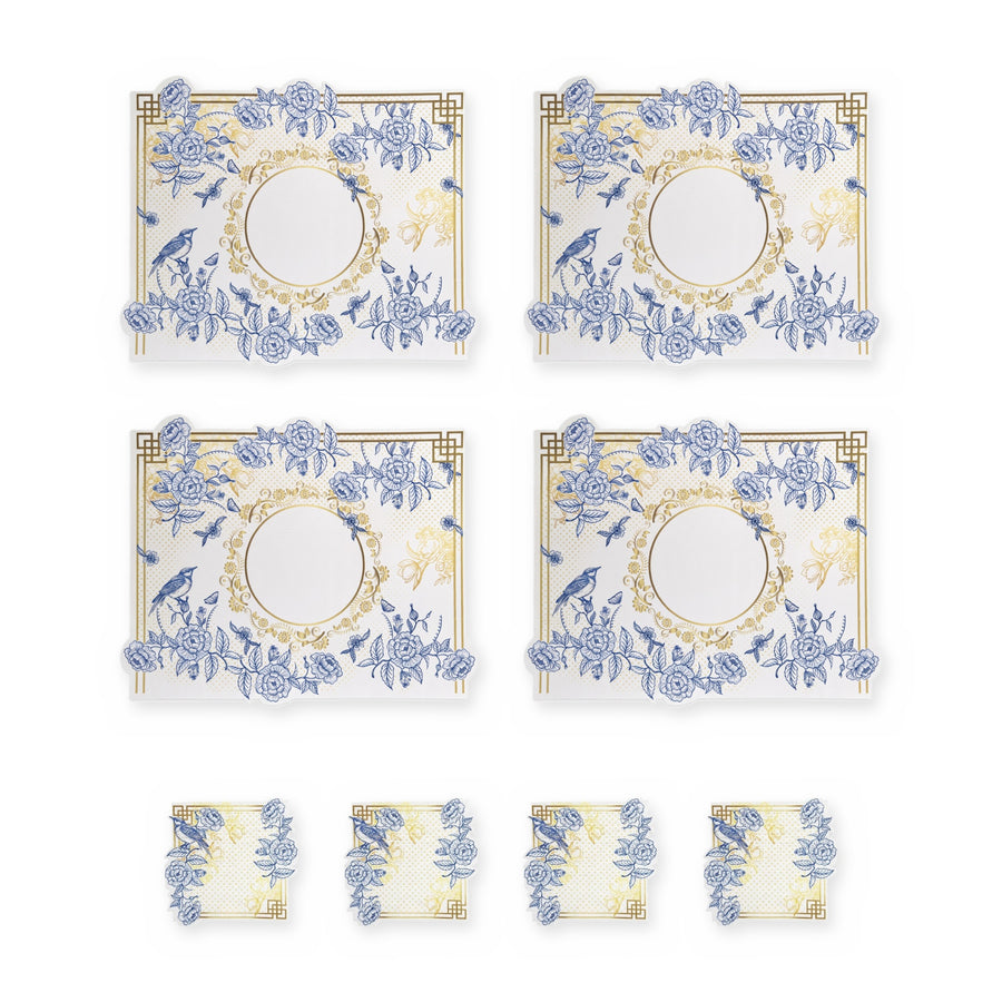 Royal Blaue Blüten & Vögel — Set aus 4 Platzsets + Untersetzern