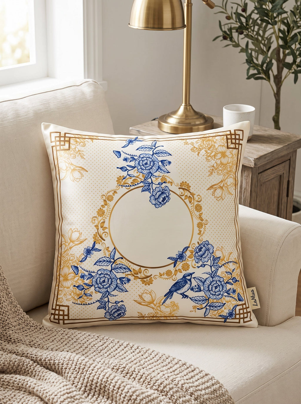 Royal Blaue Blüten & Vögel 4er-Set Kissenbezüge – Nahansicht auf dem Sofa