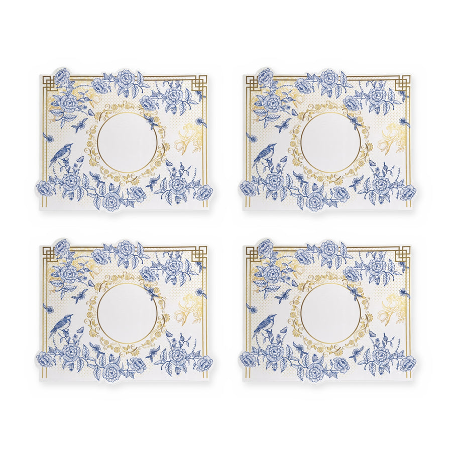 Royal Blaue Blüten & Vögel — 4er-Set Platzsets, abwischbar