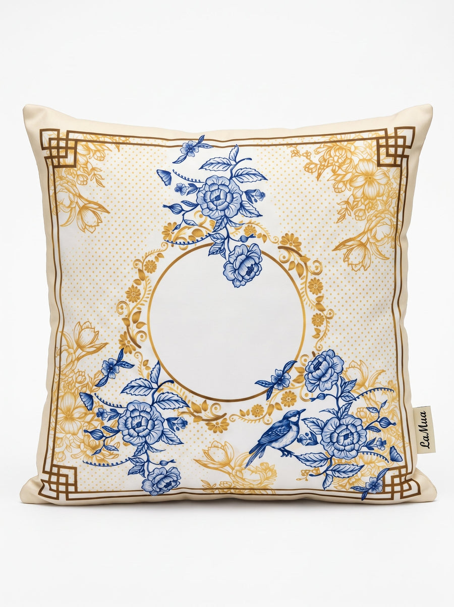 Royal Blaue Blüten & Vögel — 4er-Set Kissenbezüge 40x40 cm, mit Reißverschluss